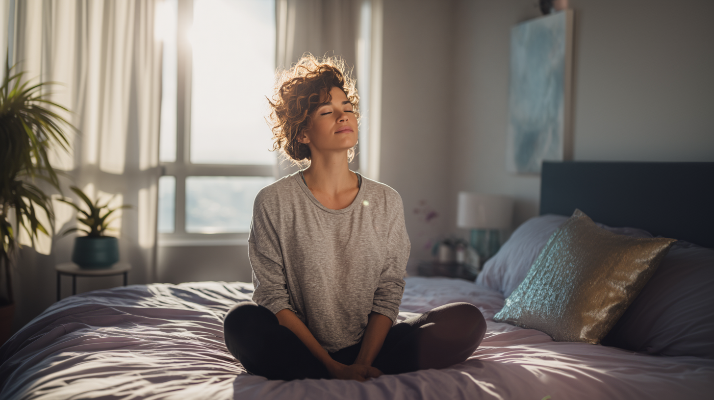 woman meditating on her bed in the morning